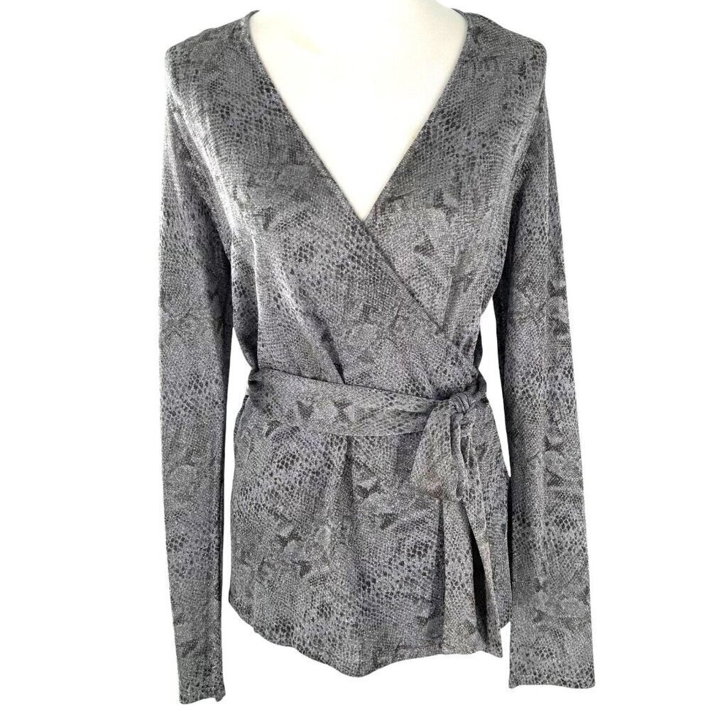 NWT $295 Dana Buchman Metallic Silver and Gray Python Print Wrap Sweater Size M